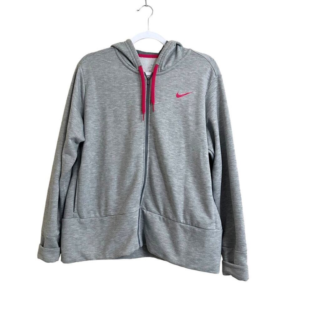 Nike Hooded Full Zip Jacket Women's Xl Gray Pink Swoosh Drawstring Lightweight‎